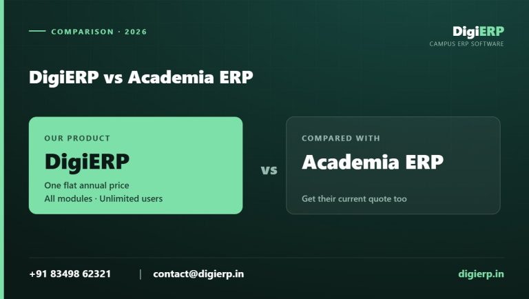 DigiERP vs Academia ERP comparison poster with contact details