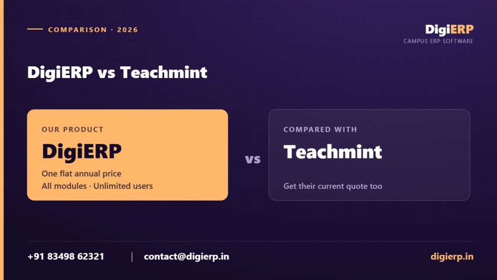 DigiERP vs Teachmint comparison poster with contact details